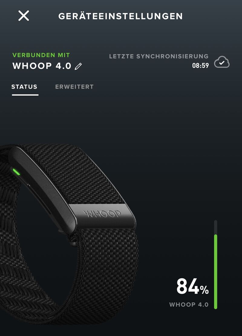 Whoop Akkustand in der Whoop App